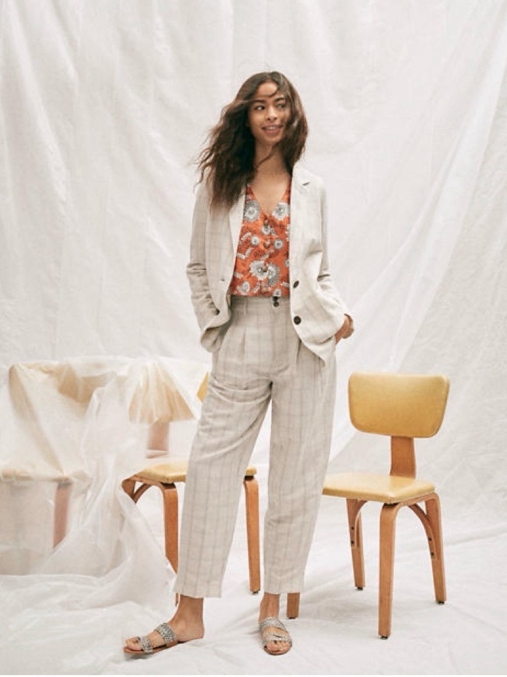 Madewell Cream Plaid High-Waist Trousers linen blend